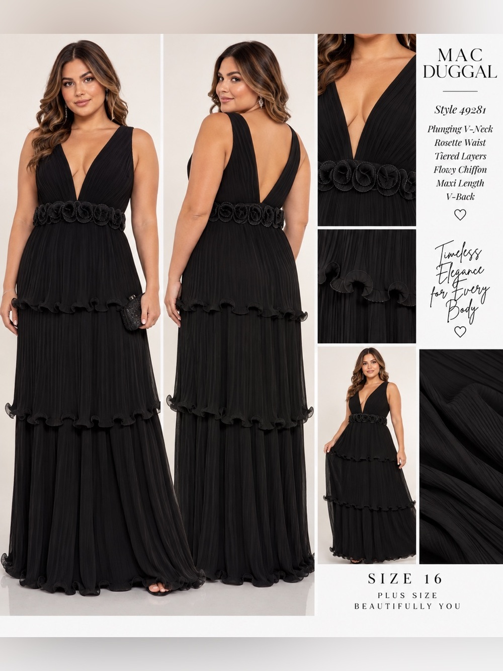 NWT Mac Duggal 49281 Black Rosette Tiered Chiffon Gown Size 16